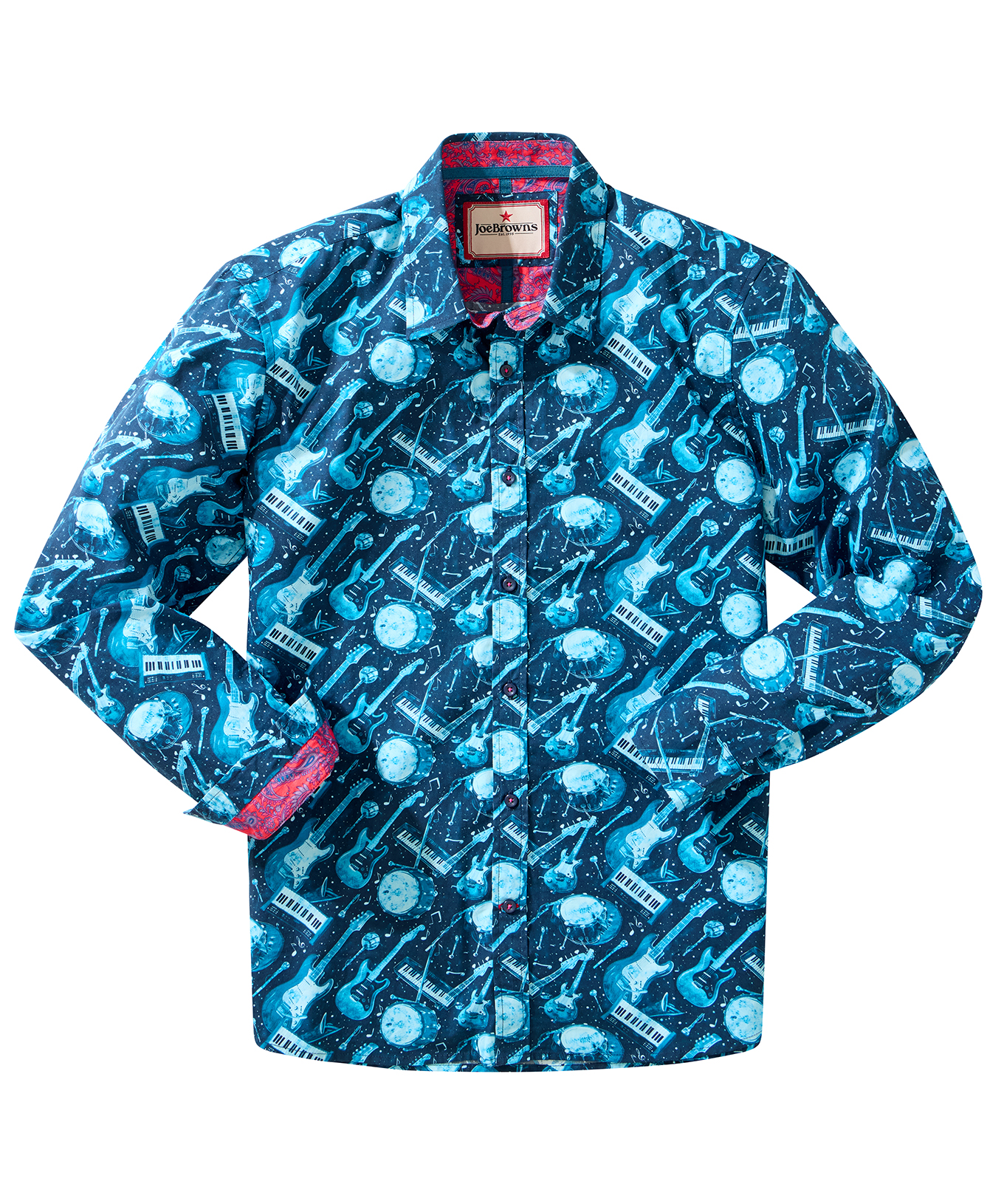 Joe Browns Mens Contrast Trim Guitar Printed Long Sleeve Shirt Blue S