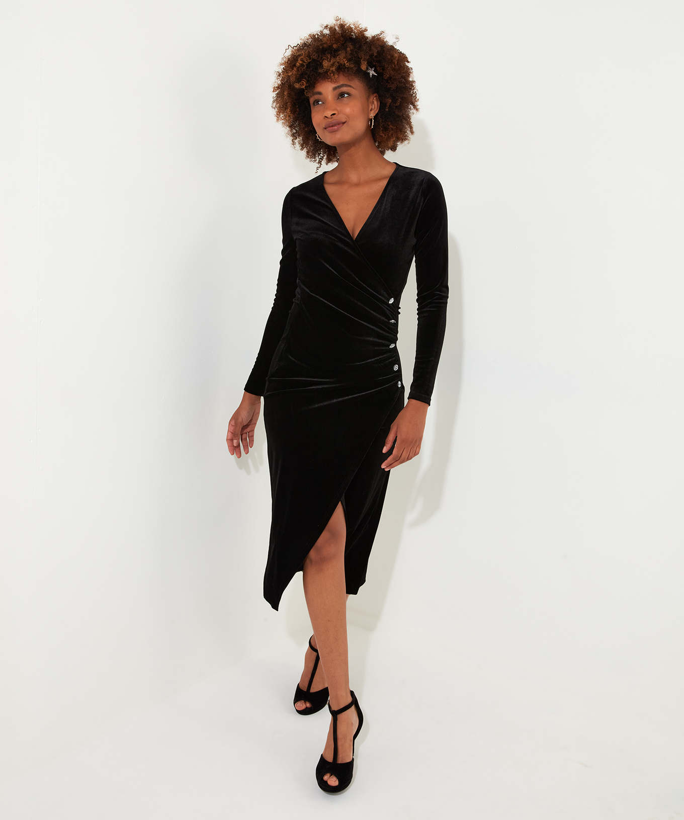 Joe Browns Women's Velour Long-Sleeved Wrap Dress with Flattering Side Ruching - Picture 9 of 16