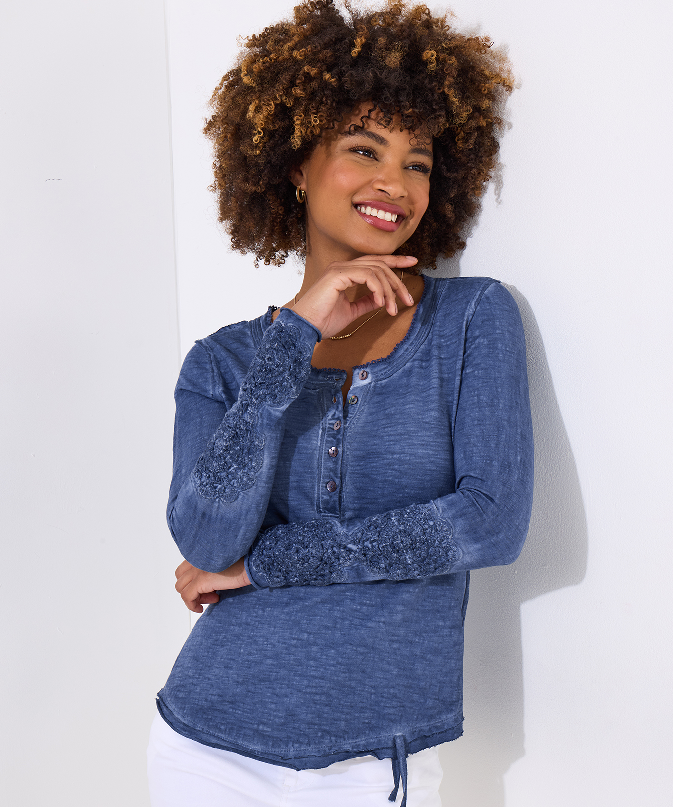 Joe Browns Women's Crochet Patch Long Sleeve Washed Henley Top - Picture 5 of 8