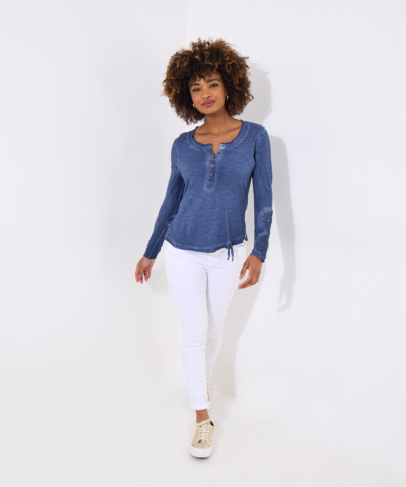 Joe Browns Women's Crochet Patch Long Sleeve Washed Henley Top - Picture 7 of 8