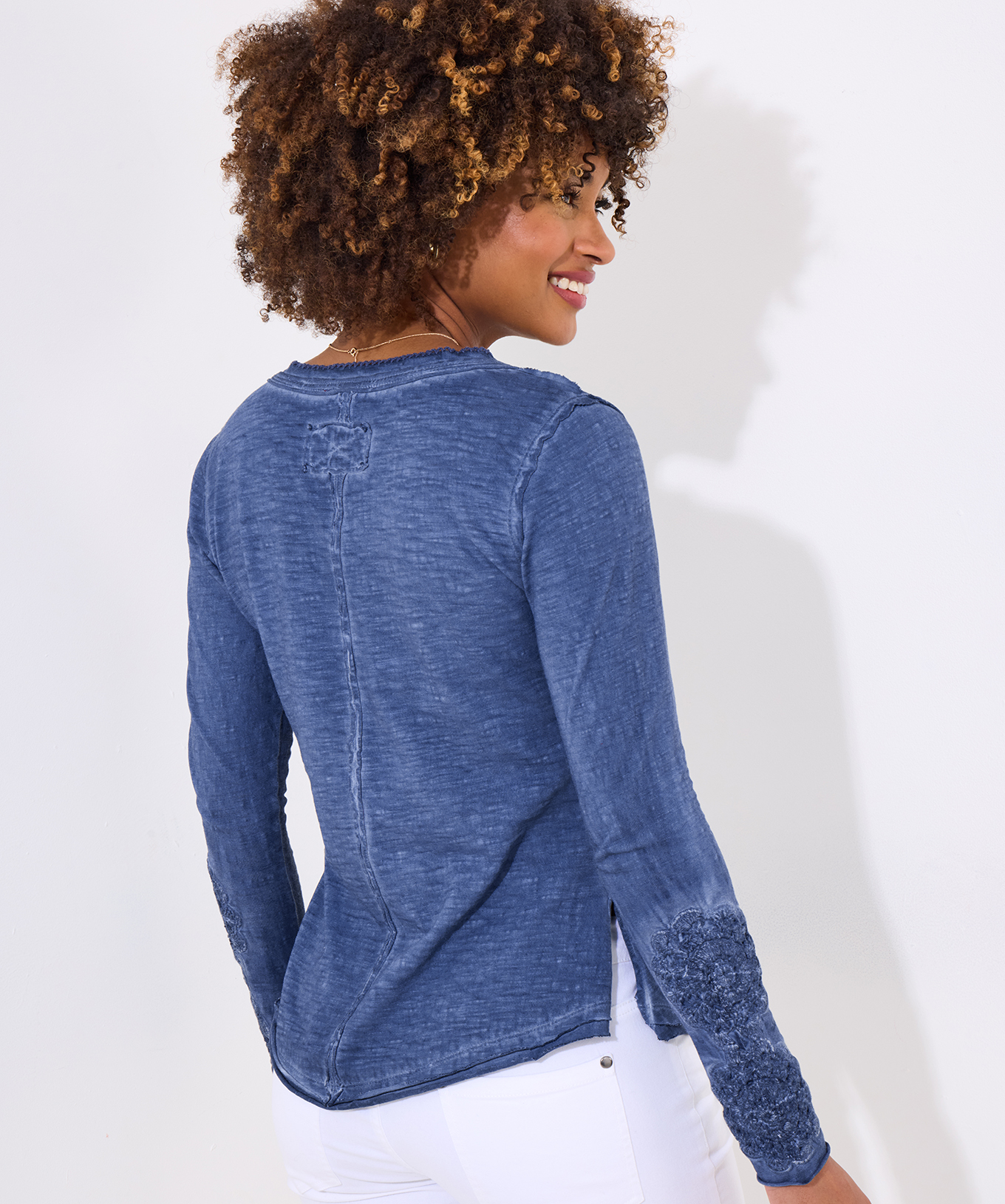 Joe Browns Women's Crochet Patch Long Sleeve Washed Henley Top - Picture 8 of 8