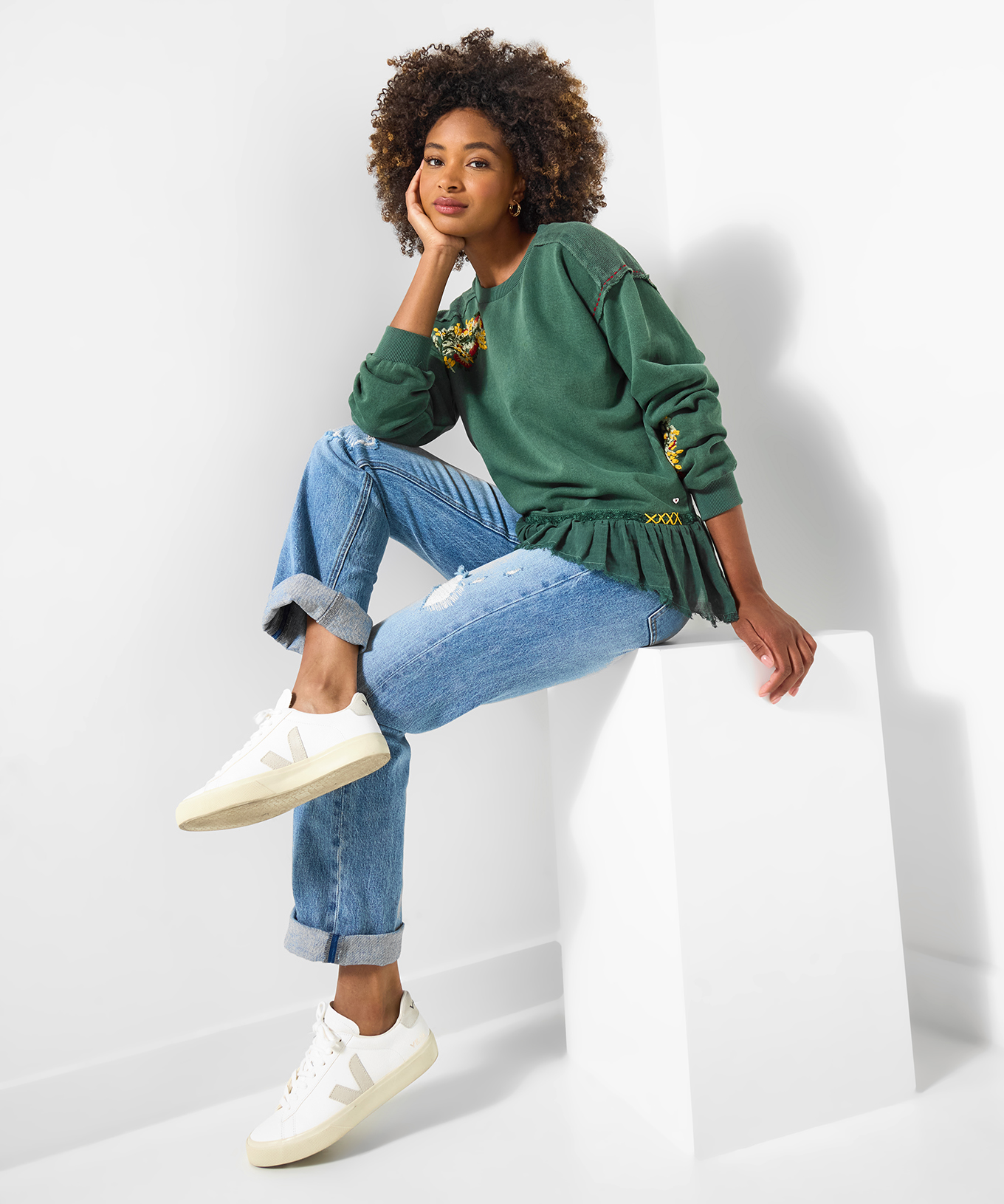 Joe Browns Women's Floral Embroidered Woven Hem Sweatshirt, Green, 8